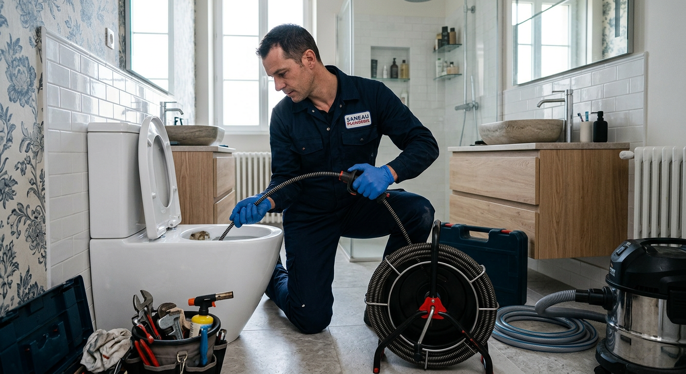 Plombier débouchant des WC avec un furet électrique à Montreuil